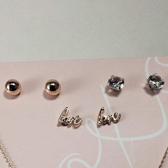 Women's Rose Gold-tone triple Heart Rhinestone Lilac Necklace w/ 3 stud Earrings - Picture 4 of 10